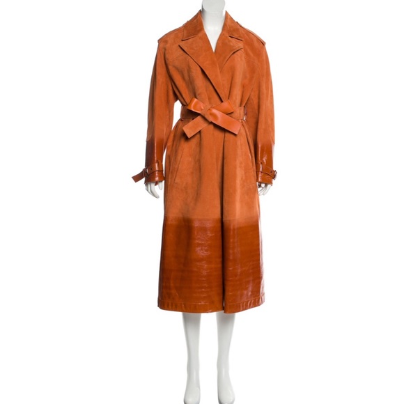 BALLY Orange Suede Leather Trench Coat - Picture 2 of 7